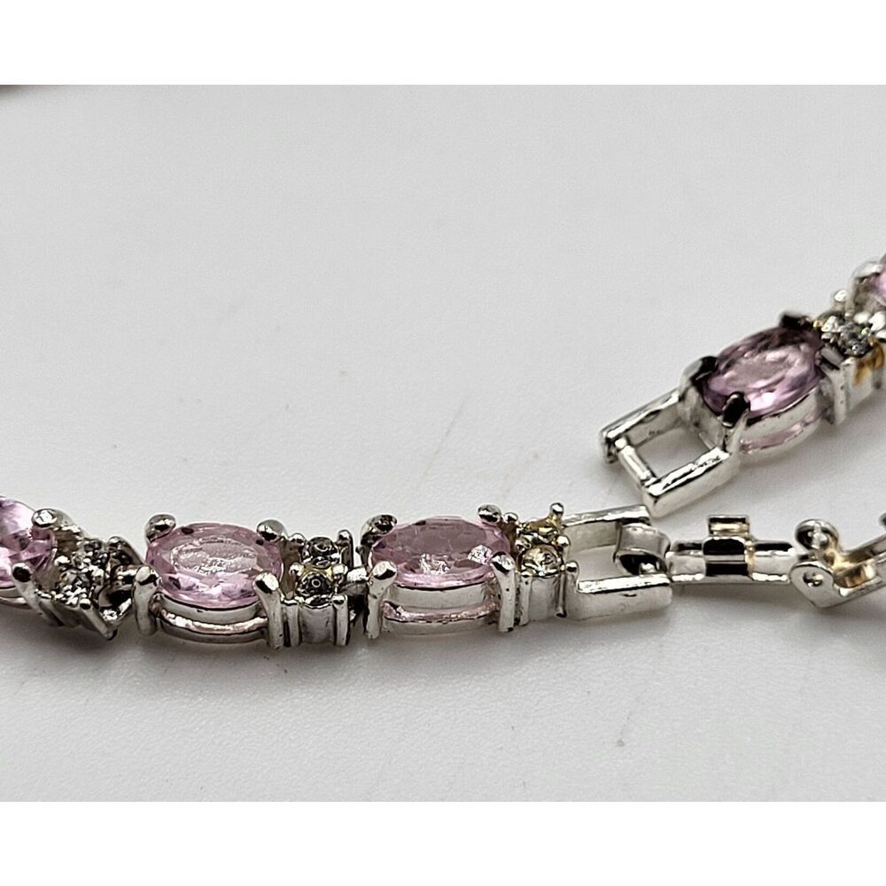 Signed Avon Pink Rhinestone Prong Set Stones Silver Tone Bracelet 8.25in or 7in